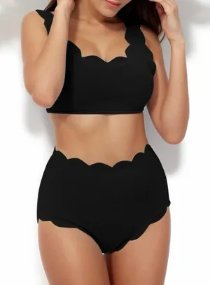 High Wasited Bikini Sets for Women Scalloped Trim Two Piece Swimsuit thumbnail 1