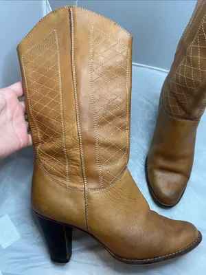 Women's 80s Vintage Tan Leather Mid-Calf Heeled Western Boots - Size 7B thumbnail 10