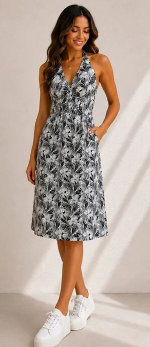 Tommy Hilfiger Women Size 12 Halter Dress Black White Floral Cotton Midi‎ thumbnail 1