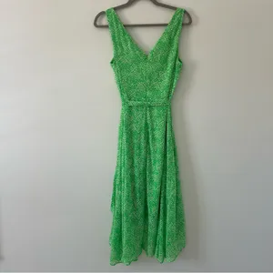 DKNY Lime Green White Chiffon Sleeveless Faux Wrap V Neck Fit & Flare Midi Dress thumbnail 4