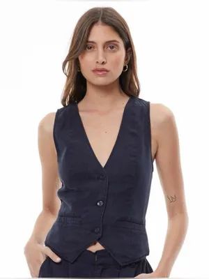 NWT Young Fabulous Broke Veda Navy Tailored Button Front Sleeveless Vest Top thumbnail 1