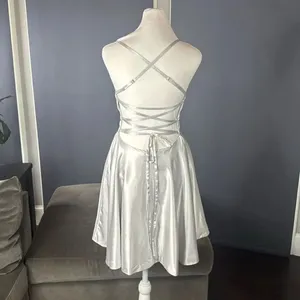 Women’s Silver Satin Short Prom Party Dress Spaghetti Straps Size 6 *READ thumbnail 3