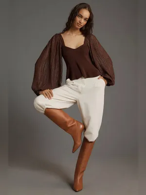 Anthropologie‎ Bl-nk Peplum Twofer Sweater Top Balloon Sleeves Brown Size Small thumbnail 9