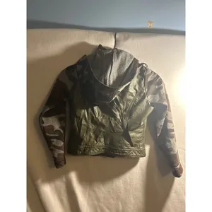 Joujou Womens Moto Jacket Olive Green Faux Leather Camo Sleeves Hooded Medium thumbnail 2