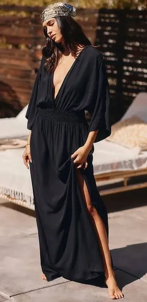 NWT L*Space Sungazer Dress Black Beach Cover Up Deep V Neck Size Small thumbnail 1