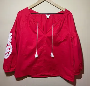 J. Crew Red Peasant Blouse with White Tassel Ties thumbnail 1