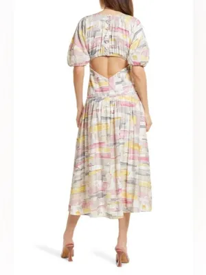 Moon River Woven Printed Dress With Balloon Sleeves Pink Multi Size Small thumbnail 3