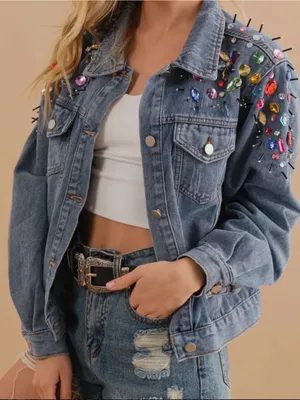 Blue B Collection Denim Jacket with Colorful Rhinestones and Spikes, Size M thumbnail 13