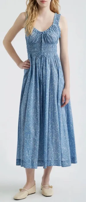 NEW DÔEN Ditsy Floral Organic Cotton Smocked Midi Blue Garden Bloom Dress sz XS thumbnail 1