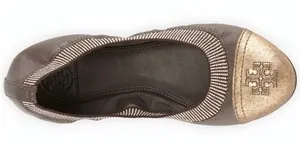 Tory Burch Sz 8.5 Gabby Ballet Flats Gun Metal Leather Gold‎ Cap Toe Logo Shoes thumbnail 1
