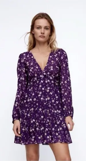 Zara Purple Floral V-Neck Long-Sleeve Mini‎ Dress thumbnail 1