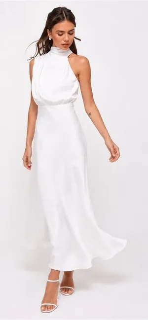 NEW LULUS Distinctive Charm White Satin Asymmetrical Midi Dress SZ XS thumbnail 1