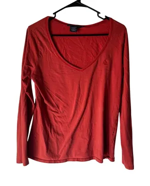 Ralph Lauren Sport Orange Red V-Neck Long‎ Sleeve Cotton Blend Top Size L Preppy thumbnail 1