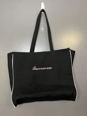 Pink Ribbon Awareness Tote Bag Womens Medium Black Canvas Shoulder Lined thumbnail 5