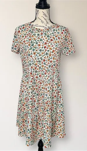 ZARA M Cream Floral Ribbed Knit Tiered Mini Dress Short Sleeve Cottagecore‎ Boho thumbnail 1