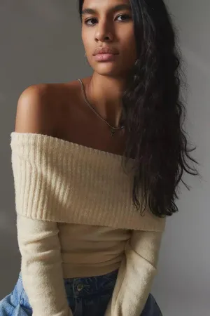 Urban Outfitters Silence + Noise Yellow Knit Woven Off the Shoulder Sweater Top thumbnail 1
