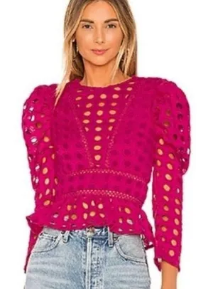 Lovers + Friends Hot Pink Puff Sleeve Peplum Top Cut Out Eyelet Size Small thumbnail 1