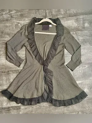 Guinevere Anthropologie Olive Green Striped Ruffle Open Front Cardigan Sz S thumbnail 3