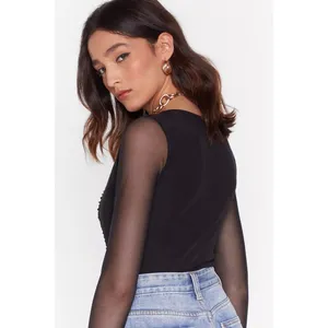 Nasty Gal Black Mesh Long Sleeve Ruched Square Neck Thong Bodysuit Top Size 4 thumbnail 2
