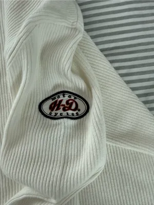 Cream color Ribbed Turtleneck Harley Davidson Sweater with Red Script Accent thumbnail 6