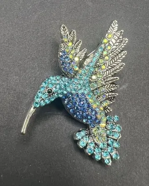 Blue Aqua Silver Tone Rhinestone Hummingbird Pin Brooch thumbnail 1