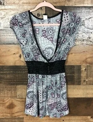 Windsor Womens Paisley Floral Smocked Empire‎ Waist Tunic Top Purple Teal Medium thumbnail 1