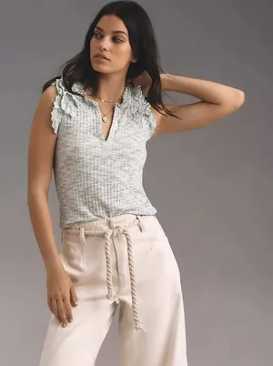 By Anthropologie -641 Crochet Ruffle Tank Top Sleeveless Knit‎ Blue Size Small thumbnail 1
