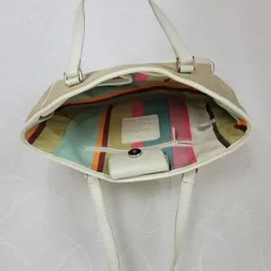 Fossil Womens Purse Bag Tan White Canvas Leather Double Strap Magnet Closure thumbnail 3