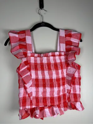 English Factory Gingham Smocked Ruffle Crop Top sz M thumbnail 4
