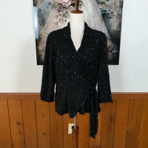 Beautiful J Kara Black Silk Beaded Wrap Blouse! thumbnail 3