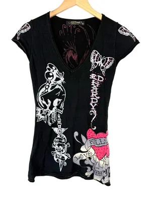 VINTAGE Y2K Ed Hardy AOP Embellished Love Kills Slowly Skull Butterfly Tee thumbnail 1