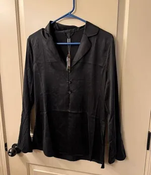 Skims Open Neck Stretch Silk Pajama Top Size XS Soot thumbnail 5