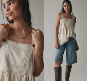 Anthropologie NWT ReMADE By UO Made In LA EcoVero™ Cream Linen Shortall Button-Straps Dress S thumbnail 3