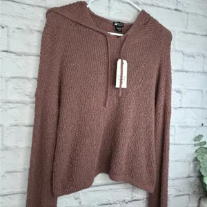 NWT Billabong Hot Beachin Cropped Hooded Knit Sweater Mauve Brown M slouchy fall thumbnail 5