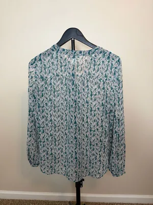 Ann Taylor LOFT Women's Teal Leaf Print Long Sleeve Blouse‎ size S thumbnail 4