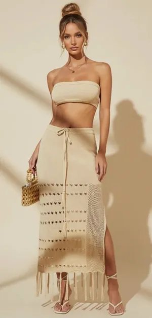 NWT [SET] Micas Knit Fringe Maxi Skirt M Beige Tassel Sheer Slit Bandeau Top thumbnail 1