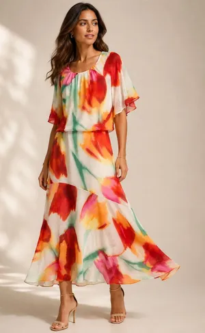 Maggy London Women Dress 10 Cream Coral Polyester Floral Popover Midi Flutter thumbnail 1