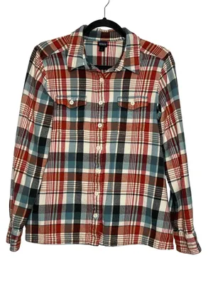 Patagonia Fjord Flannel Shirt Women's 8 Plaid Organic Cotton Button Up Red Teal thumbnail 1