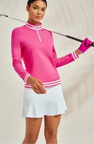 Acegolfs Womens Hot Pink Quarter Zip Golf Pullover Long Sleeve Striped Trim M thumbnail 1