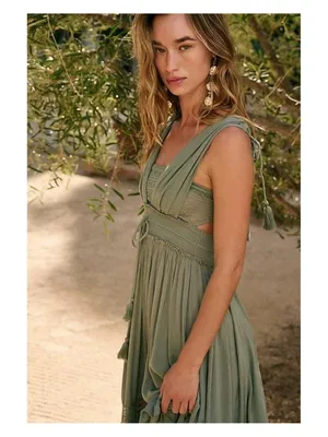 NWT Free People Santa Maria Maxi in Olive Green Crochet Lace Trim Dress XS thumbnail 3