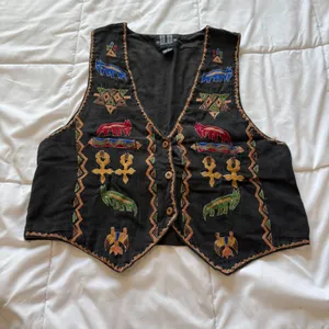 Vintage DD Black Embroidered Tribal Aztec Animal Cotton Vest Medium Boho Y2K 80s thumbnail 3