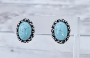 Vintage Screw On Earrings Turquoise Tone with Twisted Silver Tone Halo thumbnail 2
