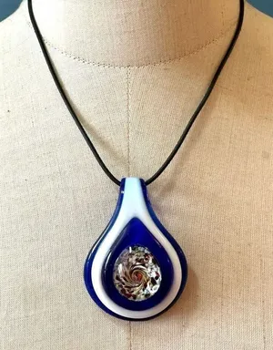 Handmade Murano Inspired Blown Glass Blue and White Teardrop pendant necklace on thumbnail 1