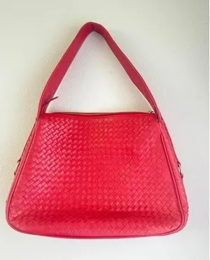 Boutique Leather Purse Red Woven Shoulder Bag Intricate Weaving Tassel Accent thumbnail 1