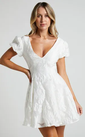 New Showpo Brailey Mini Dress Puff Sleeve Fit and Flare Dress - Small MSRP $119 thumbnail 1
