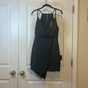 Lulus Black Wrap Mini Dress Surplice Neck Satin Finish Cocktail Party Size M NWT thumbnail 2