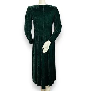 Vintage Crushed Velvet Dress Green Lace Collar Lanz Long Sleeve Christmas Party‎ thumbnail 3