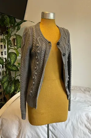 Aerie wool blend grey button cable pom pom ribbed cardigan thumbnail 1