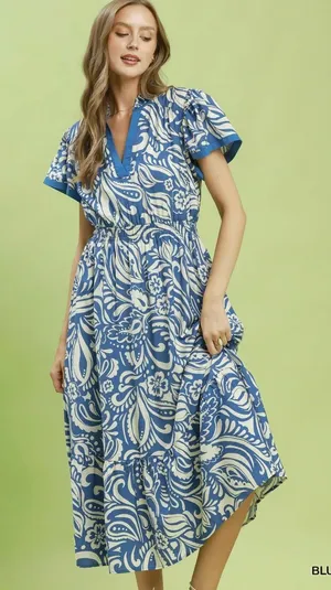 Umgee Paisley Print Midi Dress with Side Pockets - Blue - Small thumbnail 1