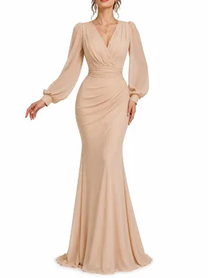 Faeriesty Champagne Ruched V Neck Long Sleeve Mermaid Formal Gown Size XL thumbnail 3